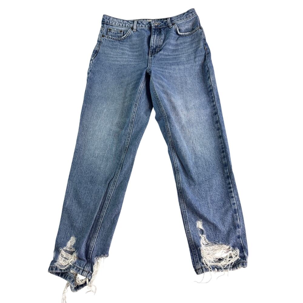 Topshop Mom Jeans W30 L30 Distressed High Rise Blue Denim Tapered Leg
